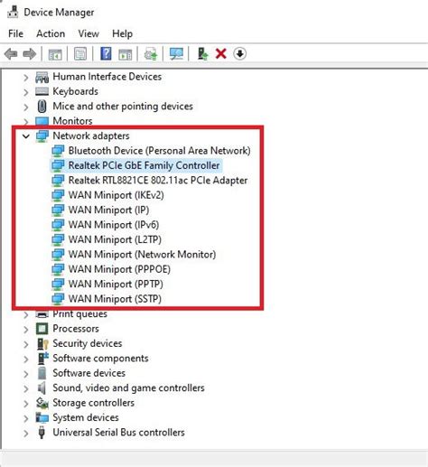 Windows Device Manager showing Network Adapters