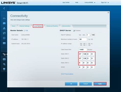 Linksys maršrutizatoriaus sąsaja su DHCP nustatymais