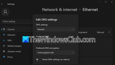 Windows DNS nustatymų langas