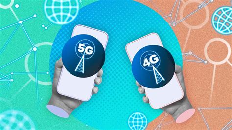 Schema, iliustruojanti 4G ir 5G tinklų veikimo principus ir spartos skirtumus.