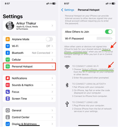 iPhone ekrano nuotrauka, rodanti personal hotspot nustatymus