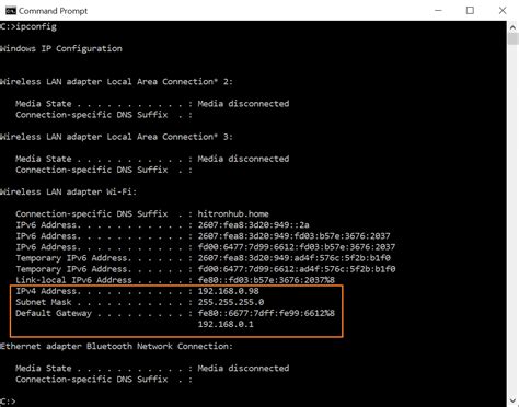 Command Prompt ipconfig output