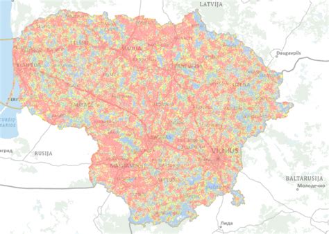 Lietuvos žemėlapis su mobiliojo ryšio aprėpties zonomis