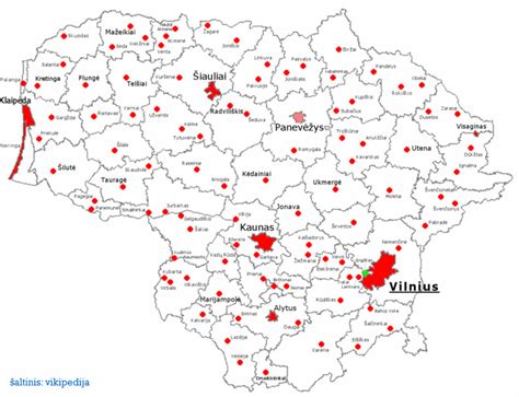 Žemėlapis su pažymėtais Lietuvos didžiaisiais miestais