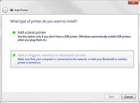 Add network printer wizard
