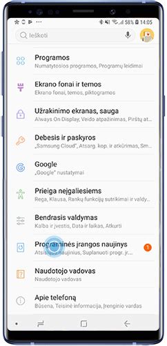 Samsung telefono ekranas su programinės įrangos naujinimų meniu