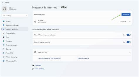 Windows VPN nustatymų langas