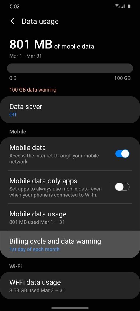 Smartphone displaying mobile data usage settings
